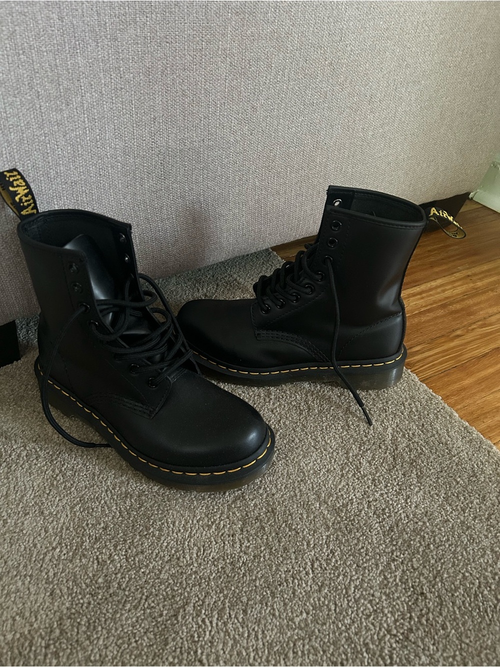 Dr. Martens Black 8-Eye Lace-Up Combat Boots with Yellow Stitching